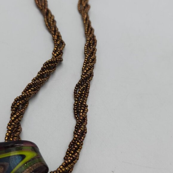 Handcrafted Murano Glass Pendant Necklace With Multicolor Swirl Brown Cord - Picture 3 of 7